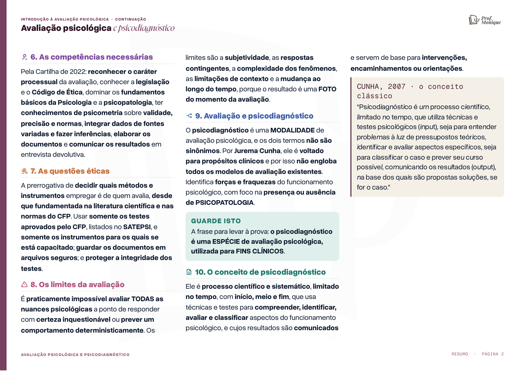 Página do resumo de Avaliação Psicológica e Psicodiagnóstico, em três colunas