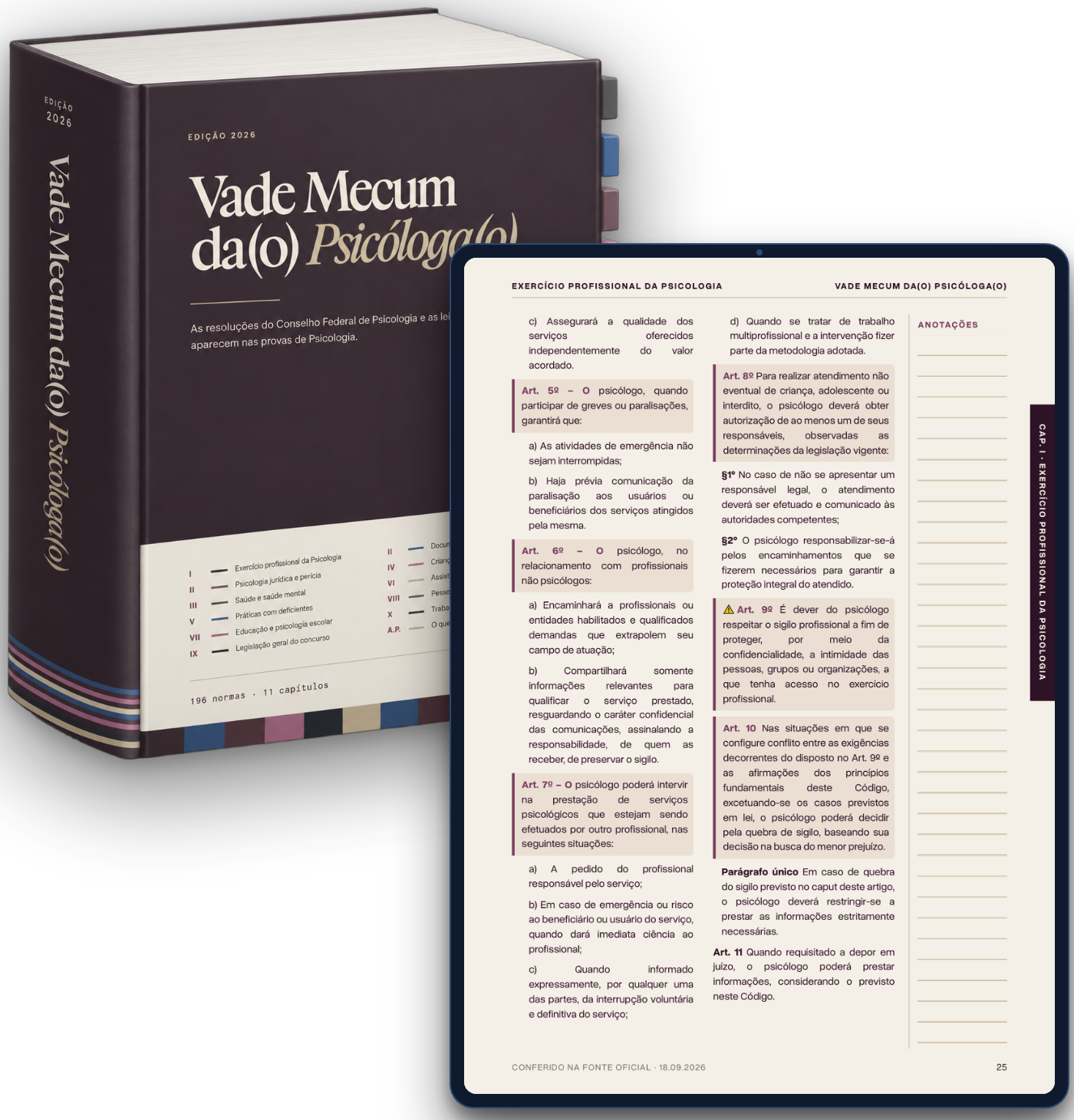 O Vade Mecum da(o) Psicóloga(o) aberto na tela de um tablet, na frente do livro